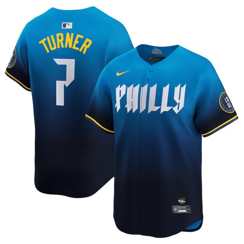 Men's Philadelphia Phillies #7 Trea Turner Blue 2024 City Connect Limited Stitched Jersey